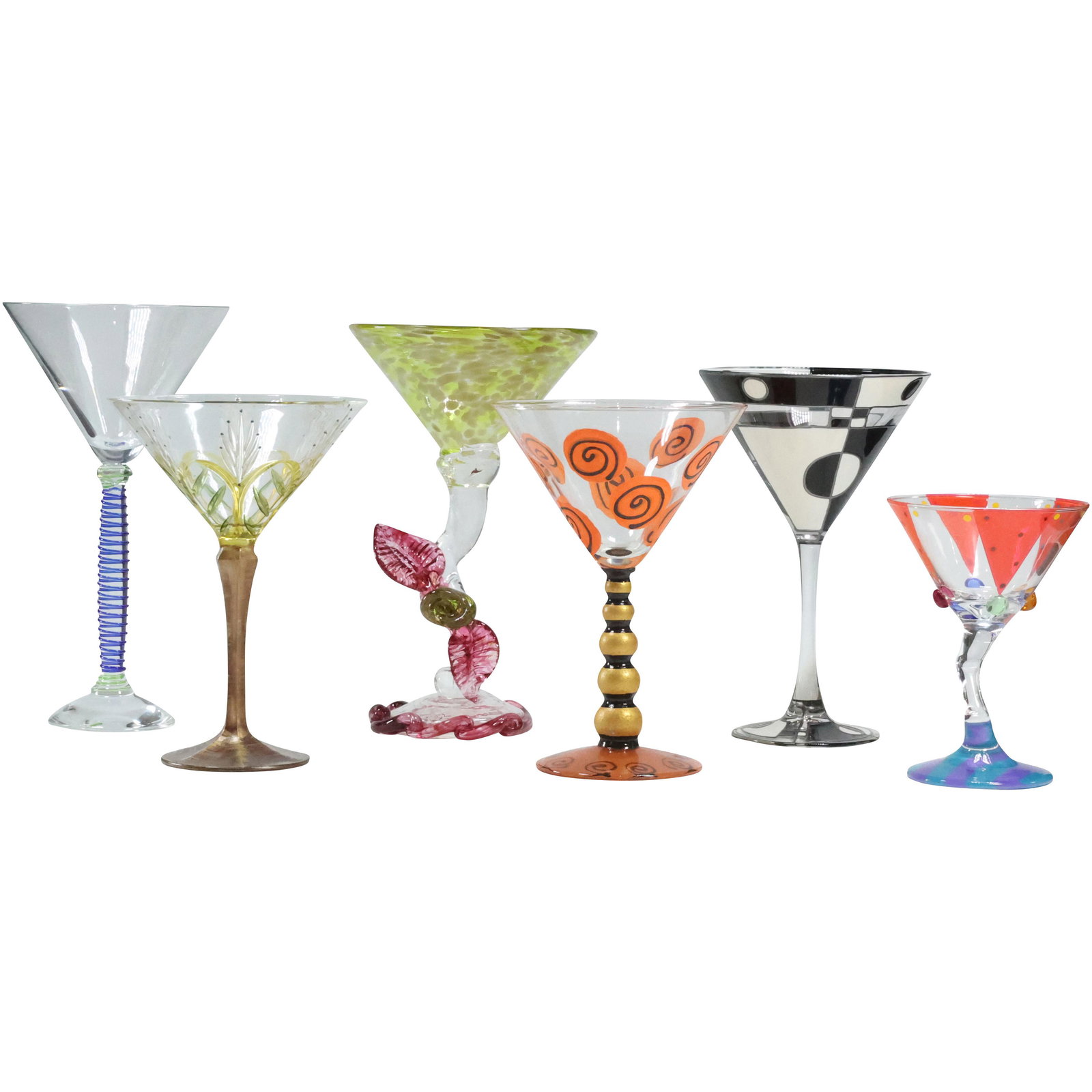 [6] Designer Pop Art Martini Glasses Hand Painted, One Signed Kay Young (1 of 20)