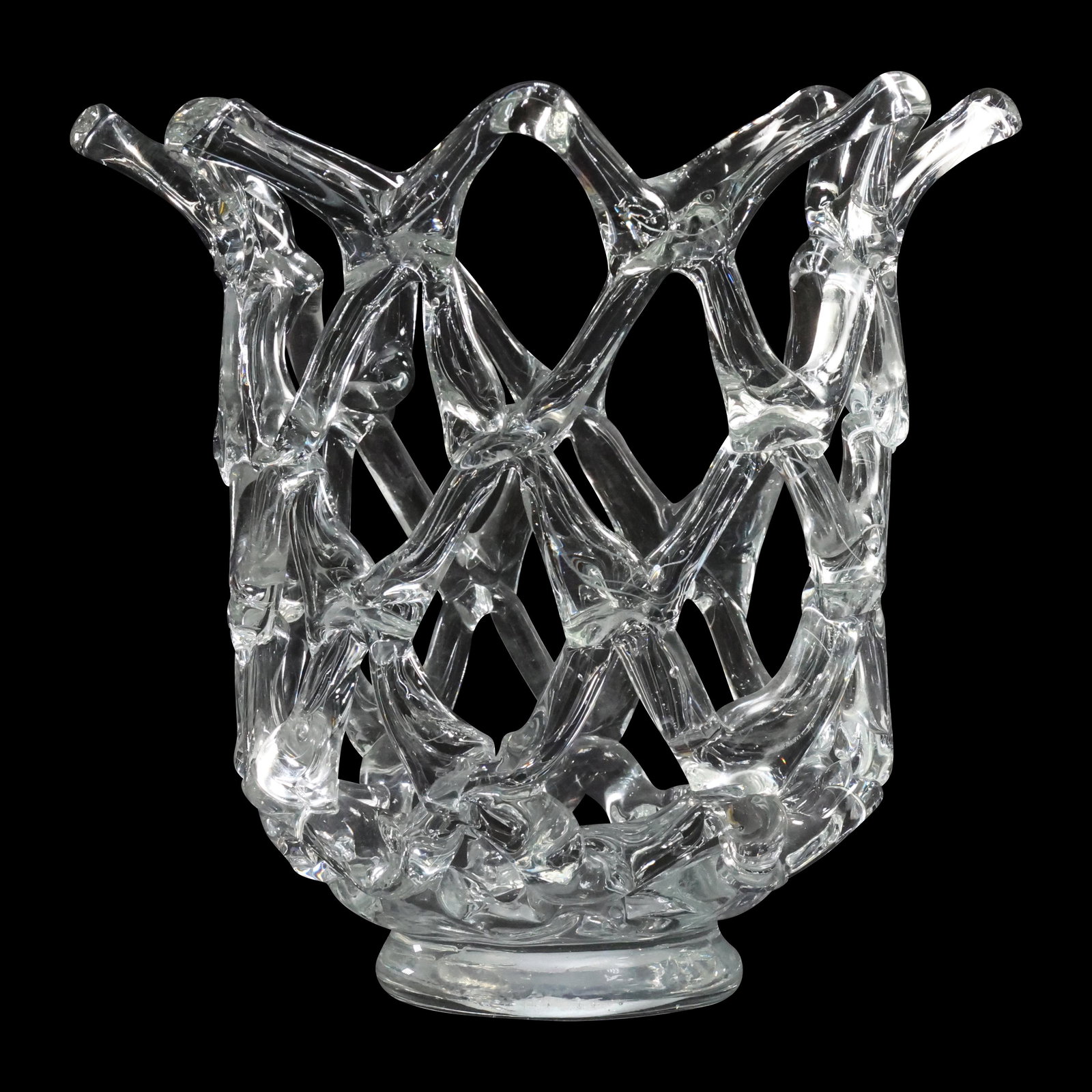 Large Clear Glass Brutalist Sculpture Vase Open Lace Reticulated 11 inches height (1 of 9)
