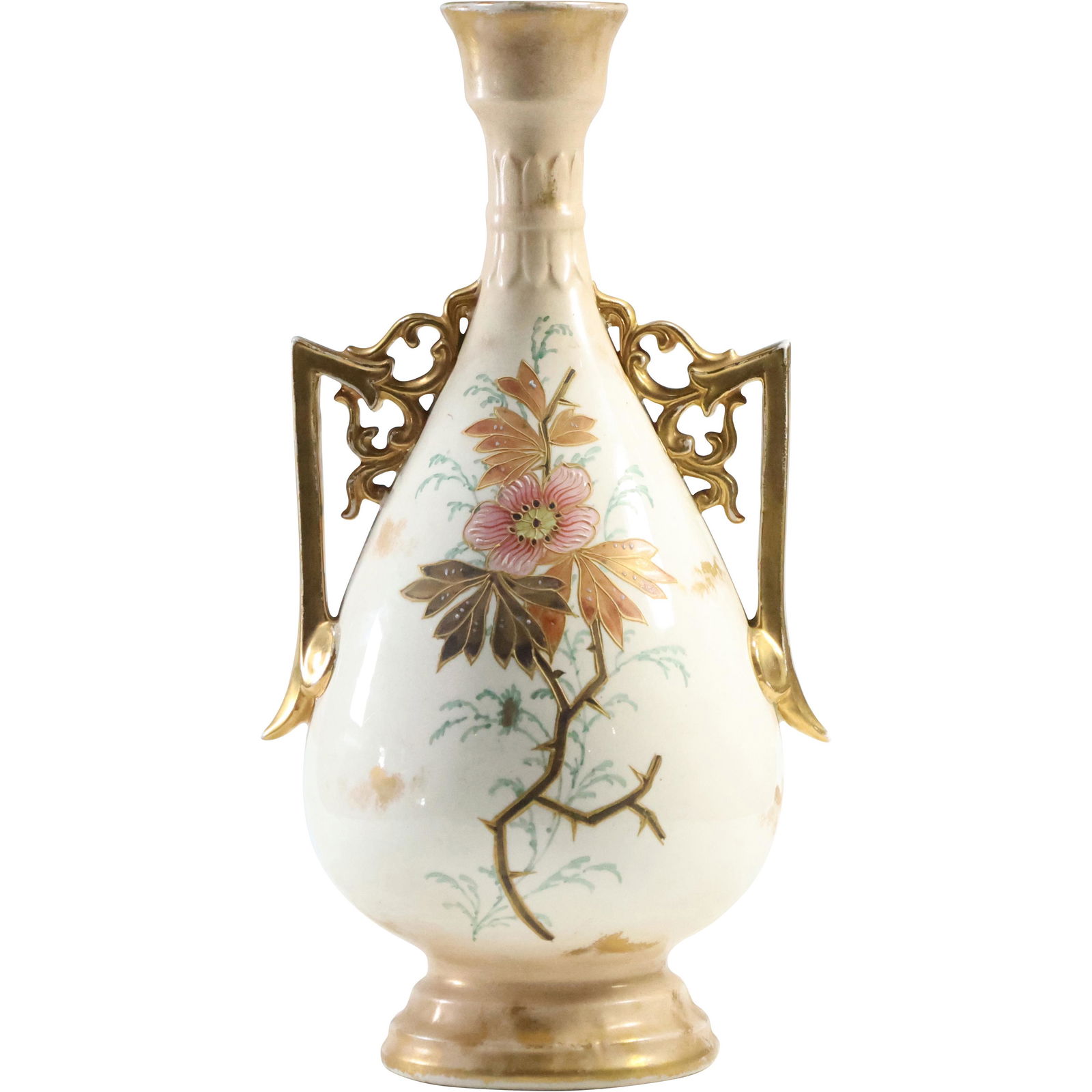 19th C. ROYAL BONN Porcelain Handled Vase Floral Decoration, Gold Accents (1 of 15)