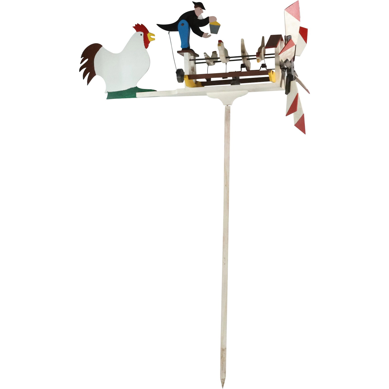 42 inches length Wooden WHIRLY GIG Farmer Feeding The Chickens with Original Post: 42 inches length Wooden WHIRLY GIG Farmer Feeding The Chickens with Original Post. size: 66.5 inches height x 42 inches length