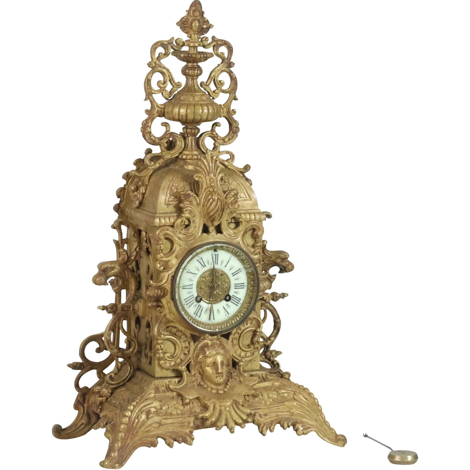 AD MOUGIN French Bronze Mantle Clock Very Ornate with Woman's Face, Original Pendulum (1 of 19)