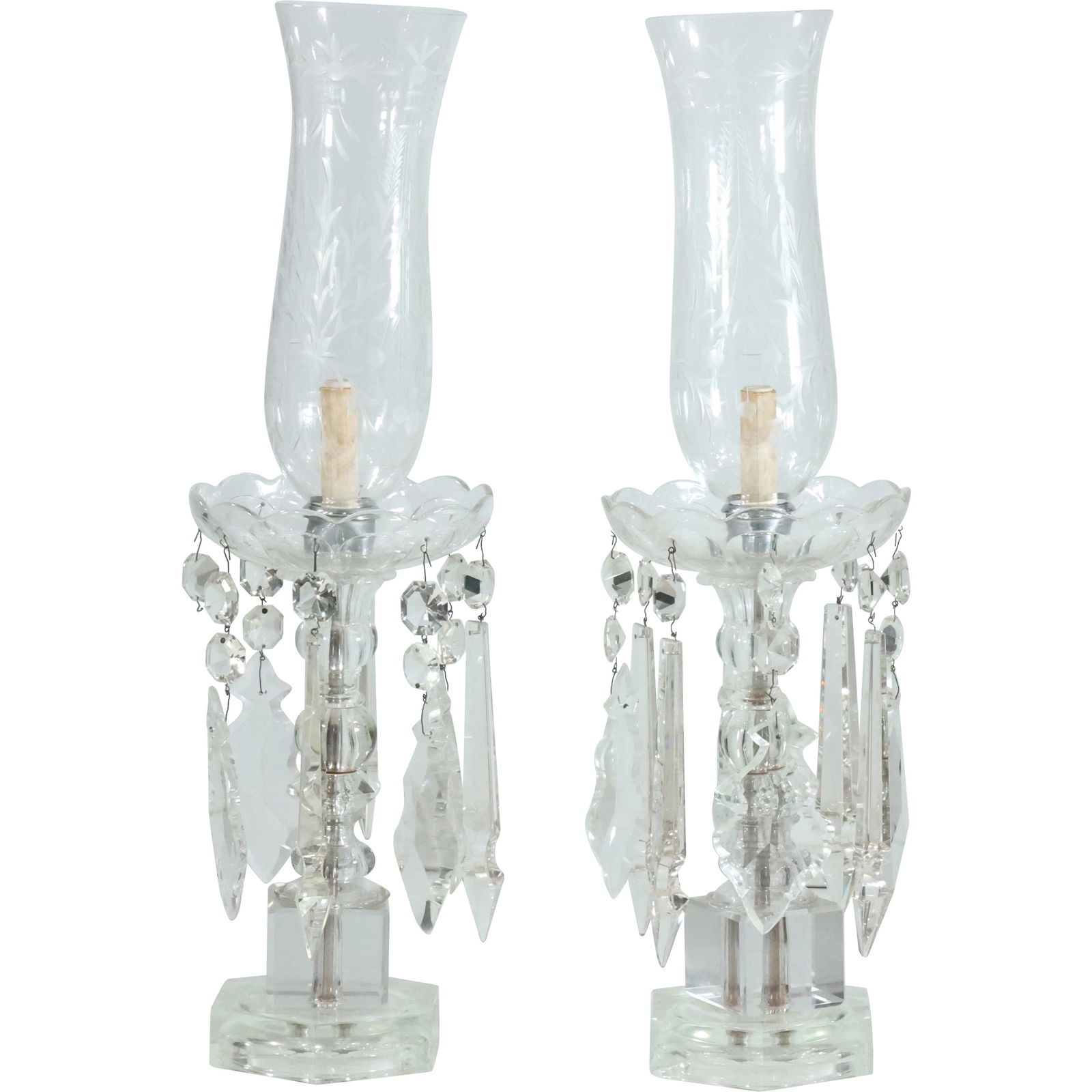 Pair Crystal Glass Hurricane Etched Shades Table Lamps (1 of 20)