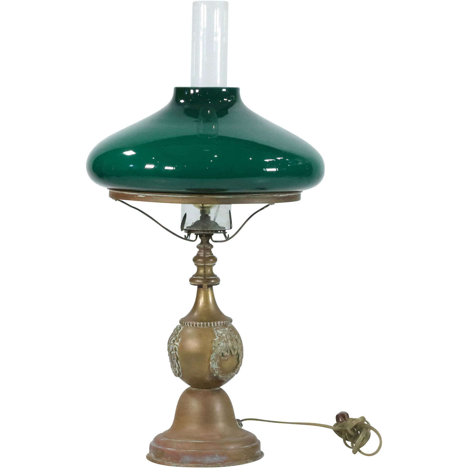 Antique Brass French Empire Electrified Table Lamp with Green Emeralite Glass Shade (1 of 18)
