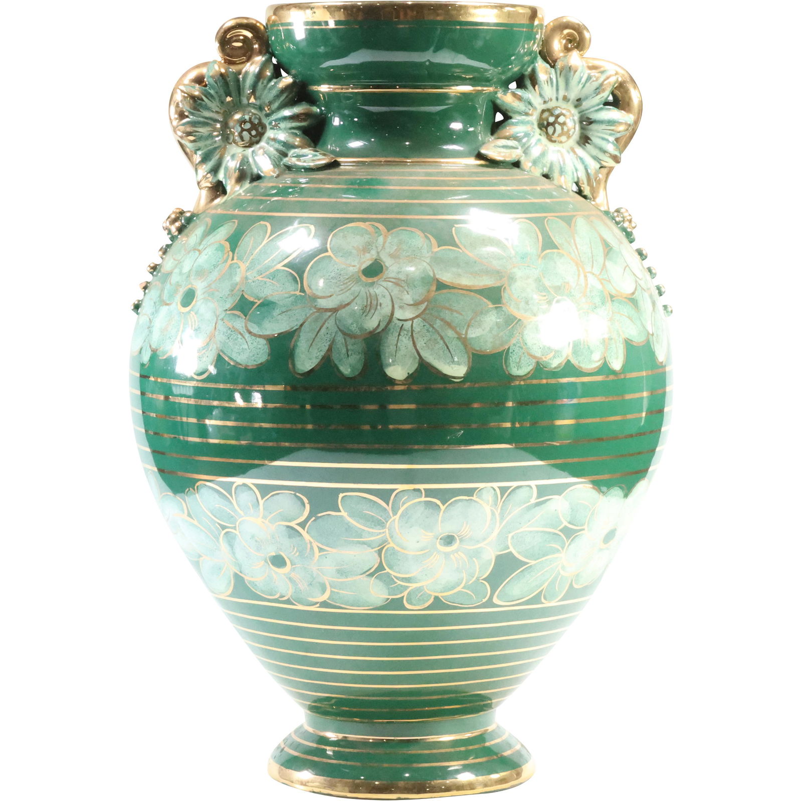 Large Green Italian Ceramic Vase Flowers Decoration, Gold Accents 14.25 inches height (1 of 18)