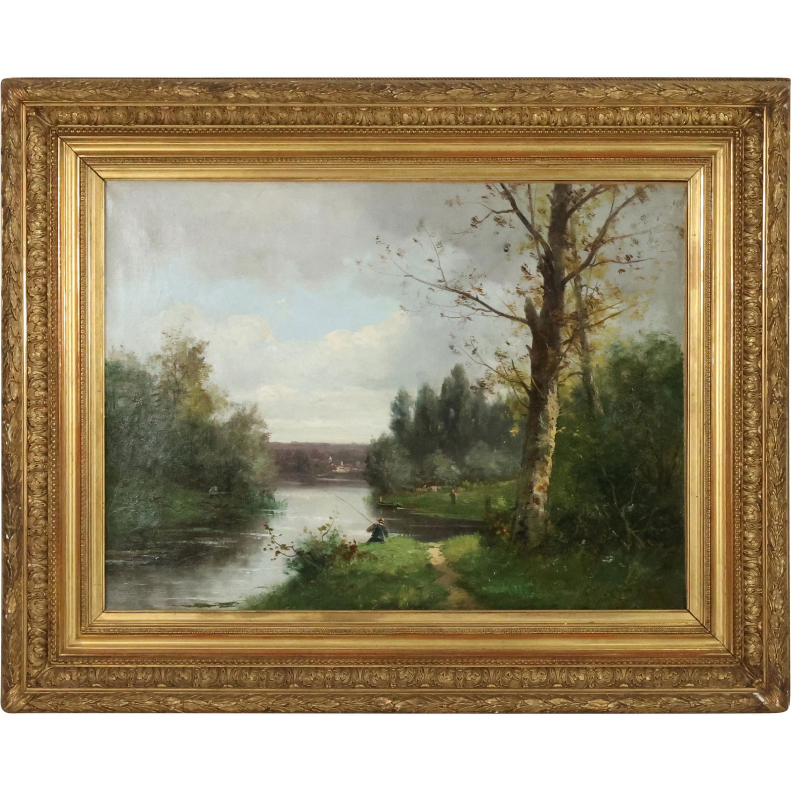 Camille Corot, Oil on Canvas Painting, Fishermen at River Landscape, Signed, Framed (1 of 14)