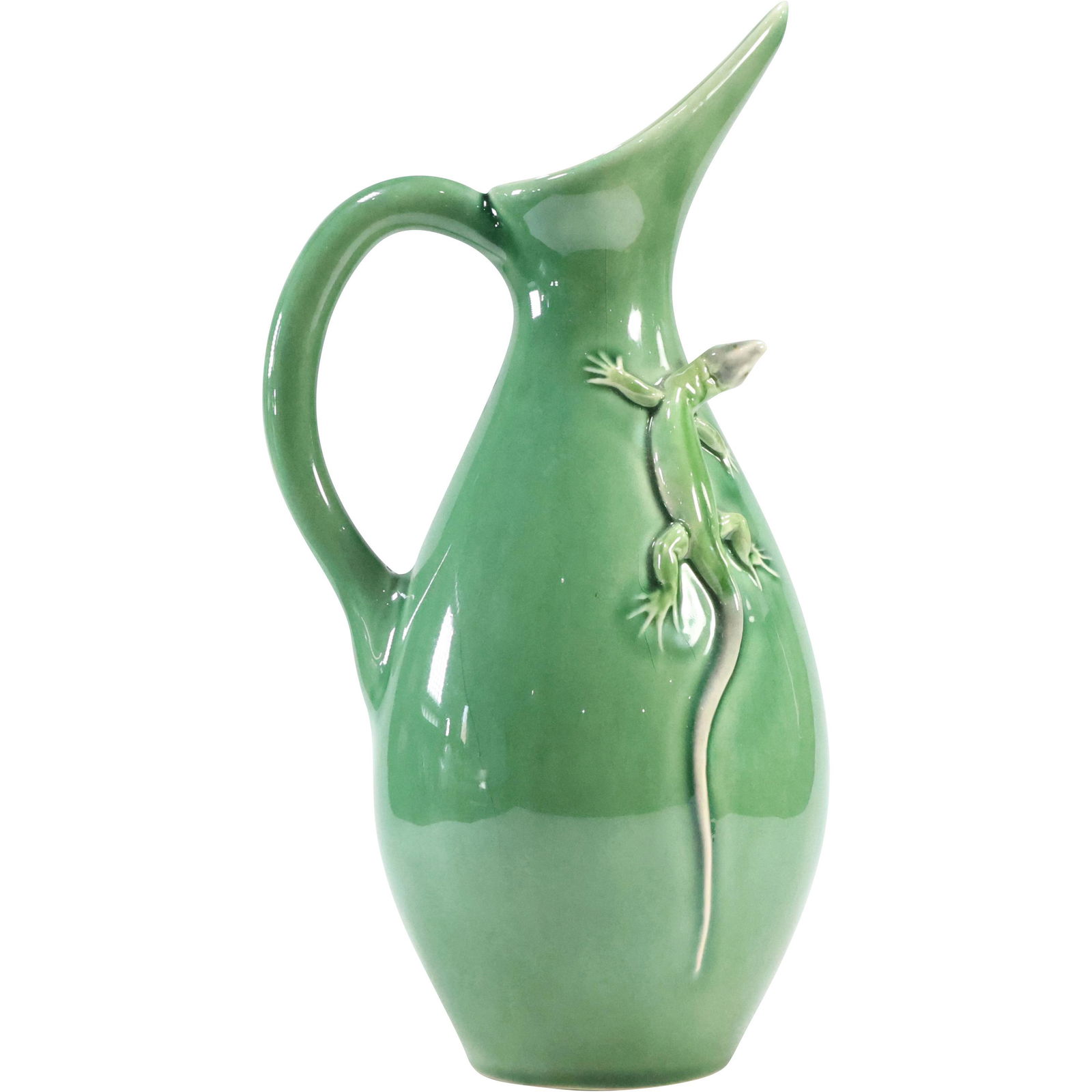 Bordallo Pinheiro Portugal Green Glazed PITCHER with Outside LIZARD Figure 12 in. height (1 of 15)