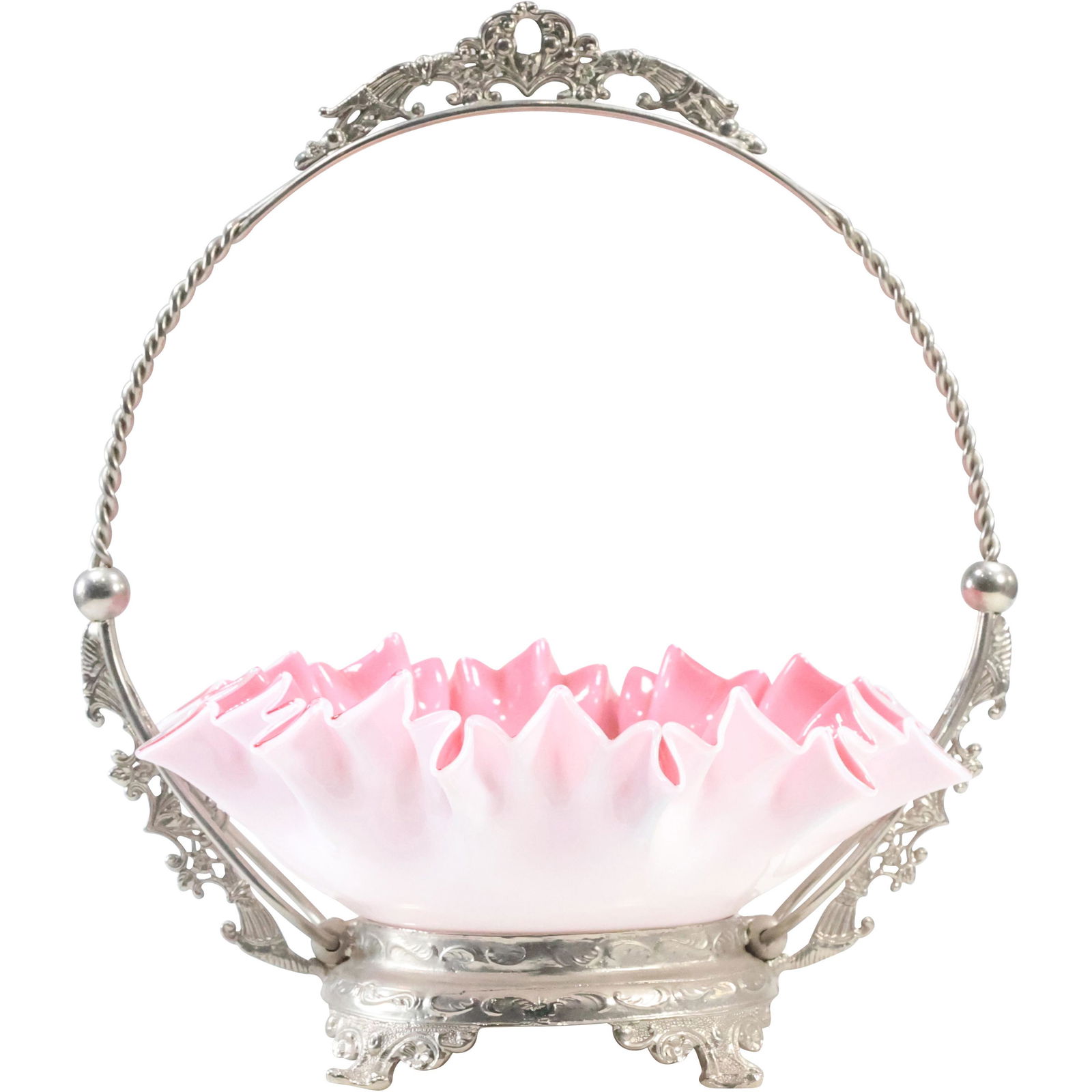 19th C. Pink Cased Glass Bride's Basket in Silver Plate Frame (1 of 13)