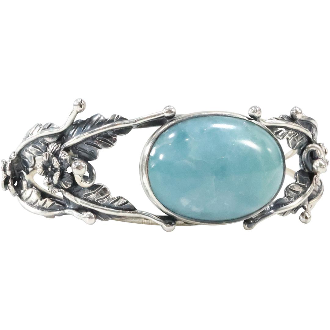 .925 Sterling Silver Larimar Cuff Bracelet Beautiful Designed Rosettes and Leaves (1 of 8)