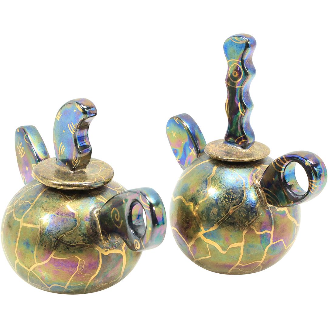 [2] Artisian Signed Sculptured Art Pottery Iridescent Tea Pot and Creamer (1 of 17)