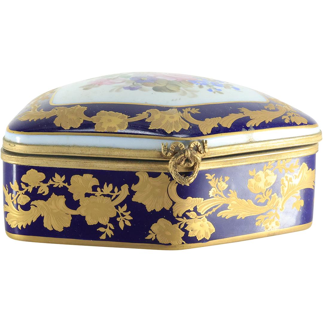 French Sevres Style Porcelain Covered Box, Cobalt with Hand Painted Flowers, marked on base (1 of 20)