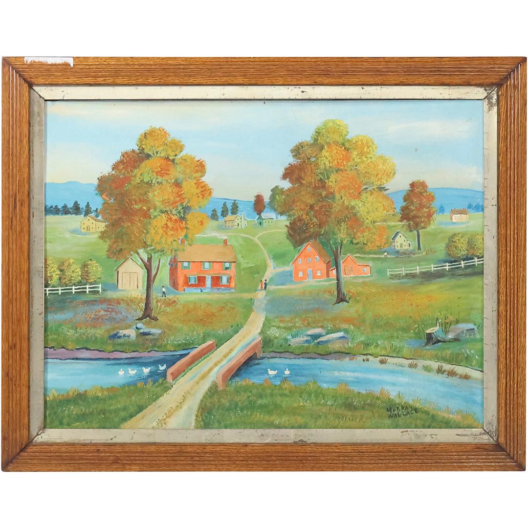 Murray Wallace, Oil on Board Painting, Naive Homestead in Landscape, Signed, Framed (1 of 15)