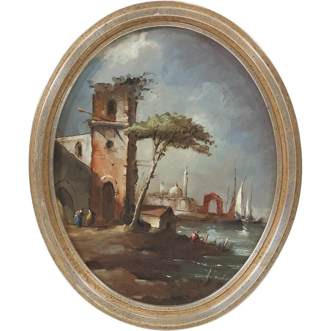 19th C. Oval Oil Painting on Board Coastal Landscape with Fortress Tower Building (1 of 9)