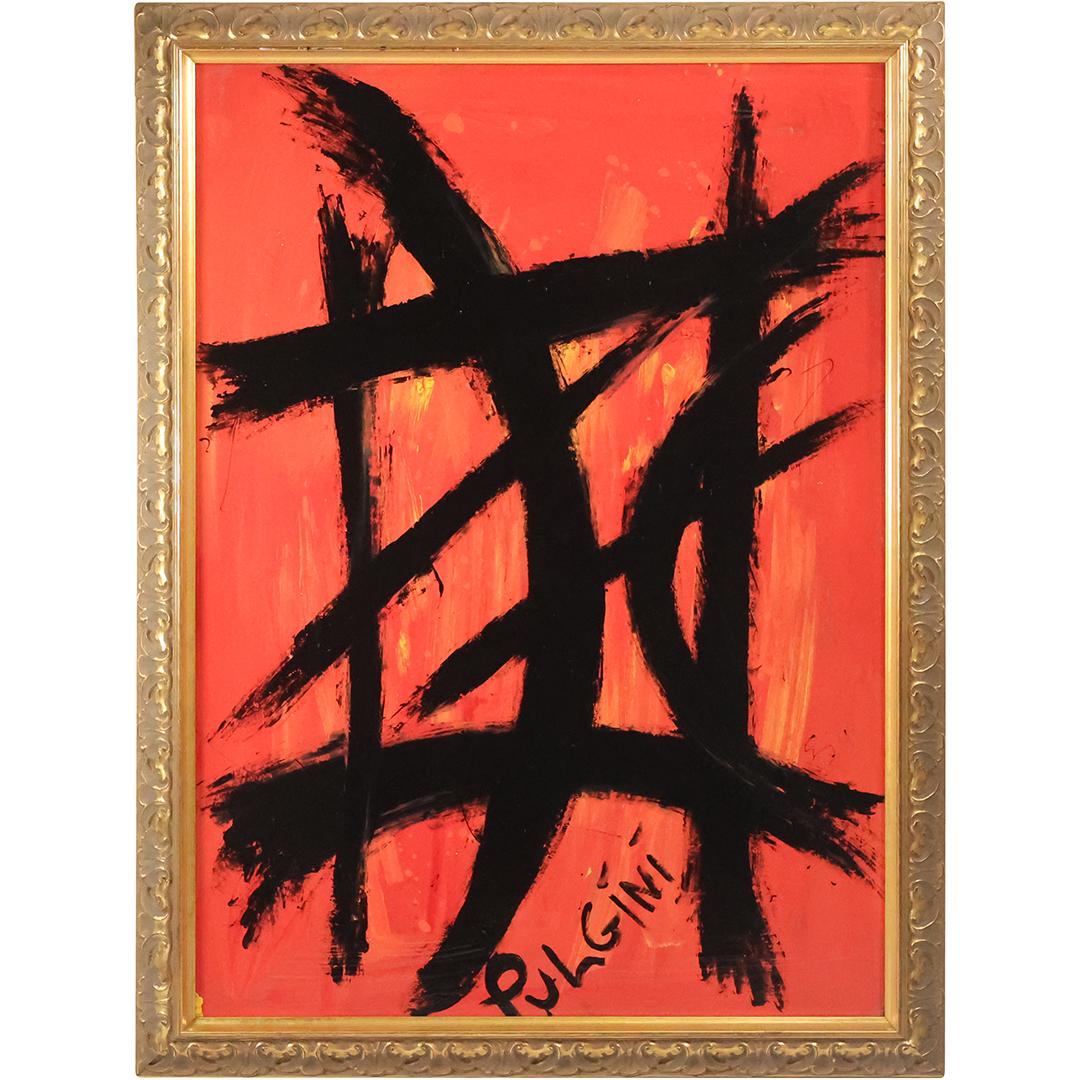 Thomas Pulgini, American, Oil on Board Painting ABSTRACT Black Lines on Orange: Thomas Pulgini, American, Oil on Board Painting ABSTRACT Black Lines on Orange after Franz Kline. Signed , Framed. Well Listed American Artist.. size: 45 X 32.5, 49.5 x 37.5 outside frame. ASKart: Tho