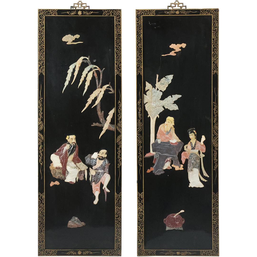 [2] Chinese Black Lacquered Panels with Hardstone Applied Figures (1 of 20)