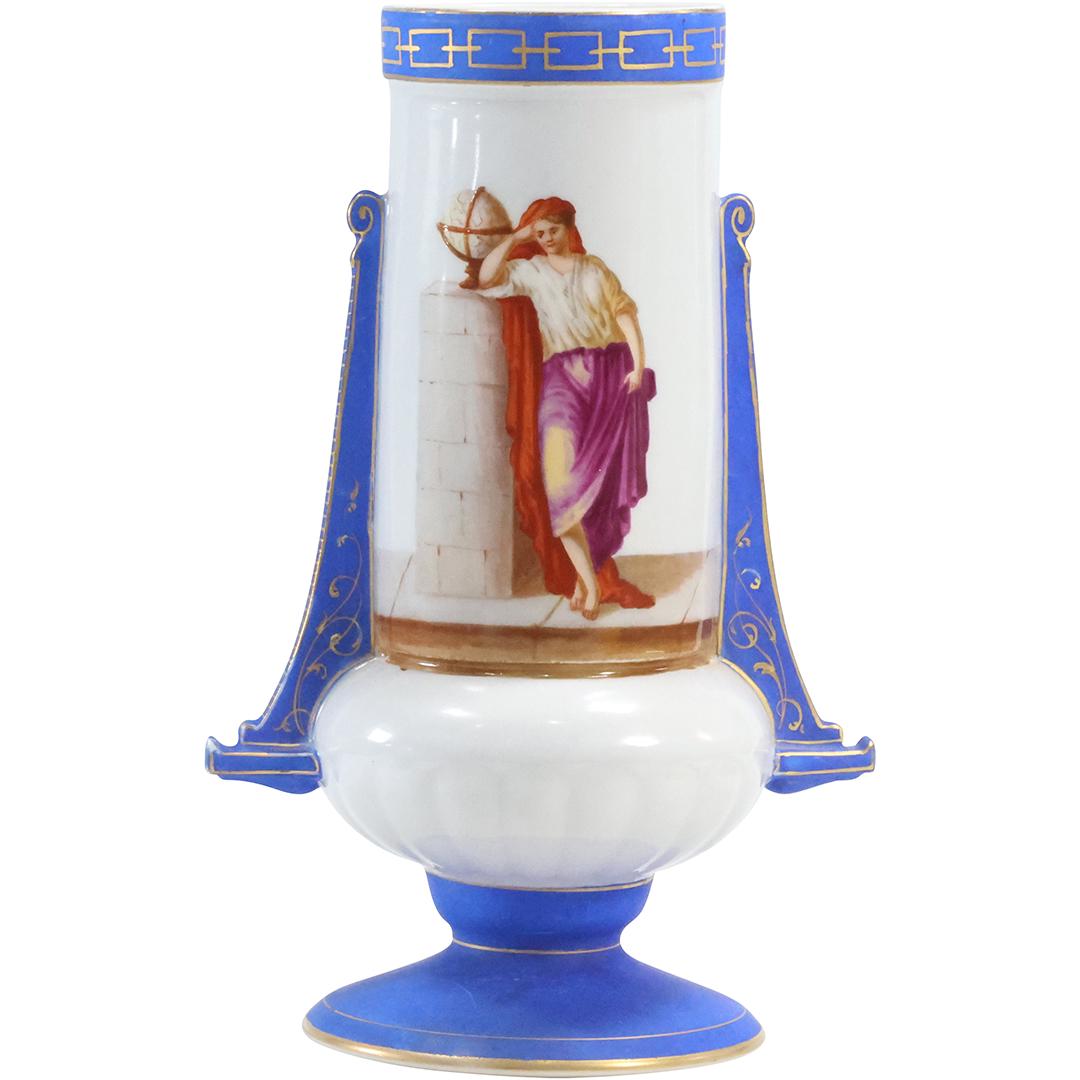 19th C. Neo Classical White Opaque Urn Vase Green Scholar, Blue Accent Rim Handles Base (1 of 13)