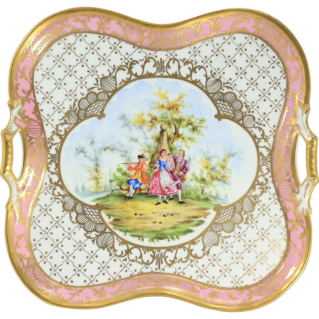 marked KPM Fine Porcelain Serving Tray with Courting Scene, Pink Boder, Gold Accents (1 of 20)