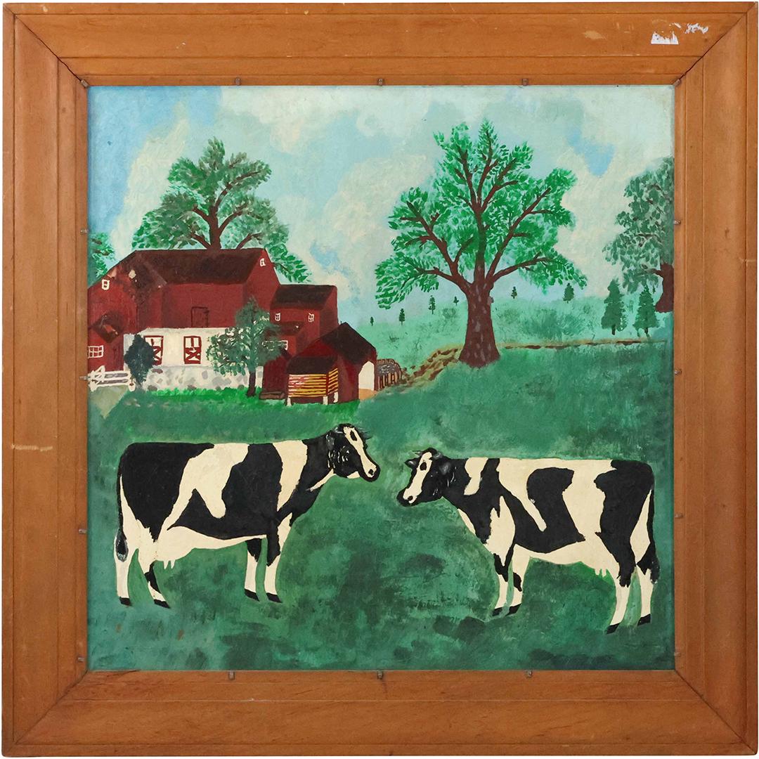 Vintage Naive Oil Painting on Board Cows in Field Outside Country Dutch Barn (1 of 17)
