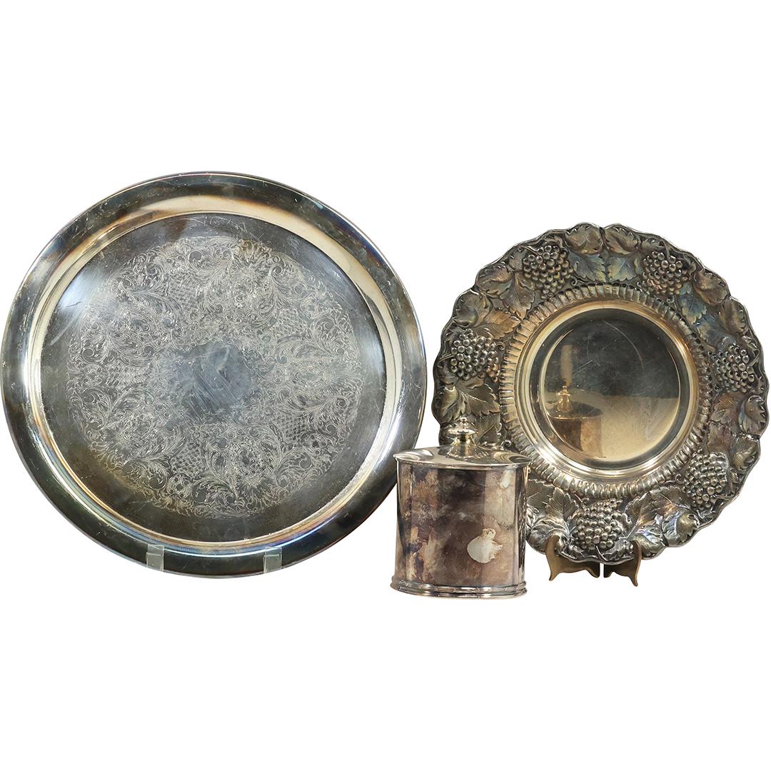 [3] Assorted Estate Grouping Silver Plate 2 Platters and 1 Tea Caddy Covered Jar (1 of 17)