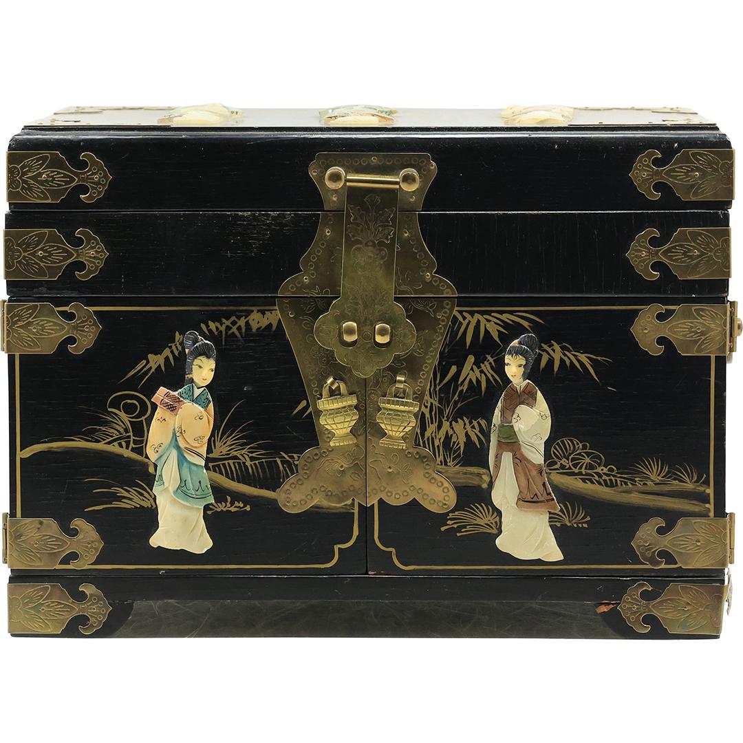 Chinese Black Lacquer Jewelry Chest Multi Drawers, Decorative Woman & Gold Accents (1 of 19)
