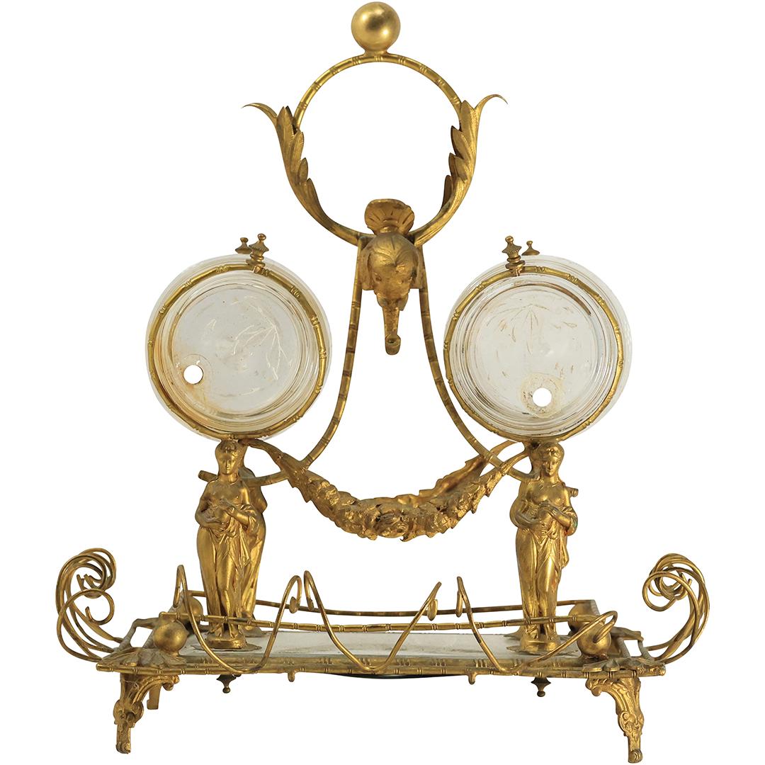 19th C. French Empire Bronze Figure Caddy with Glass Barrel Keg Bottles (1 of 20)