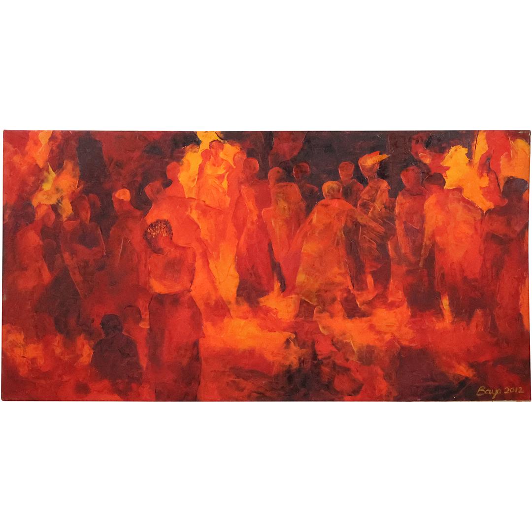 Bayo 2012, Modernism Fiery Red Abstract Gathering of Figures Oil on Canvas Painting Mar 13