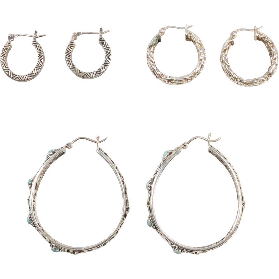 [3] Pairs .925 Sterling Silver Hoop Earrings: Reticulated Turquoise, Molded Braid, Turquoise Lapis (1 of 11)