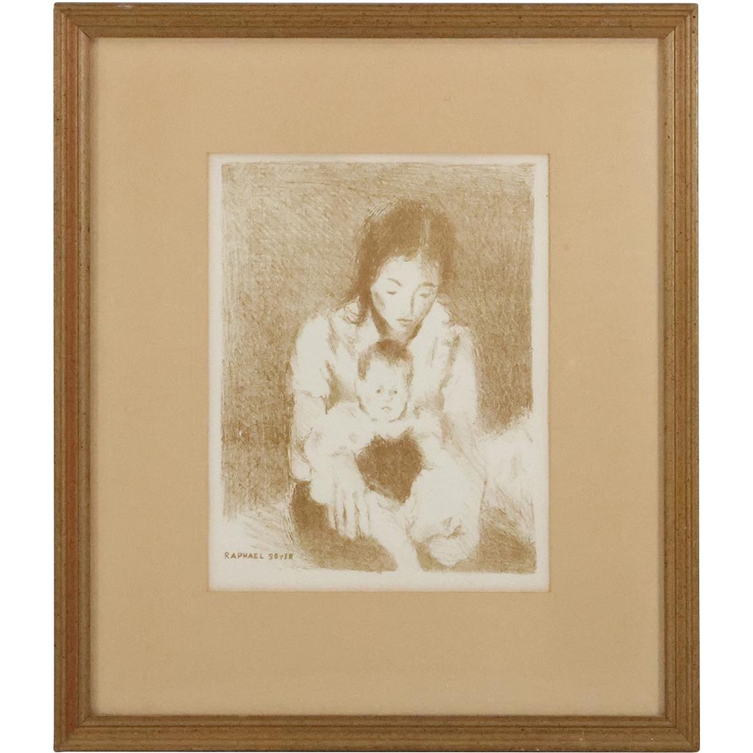 Raphael Soyer, Sepia Lithograph, Mother and Child, Signed in Plate, Original Frame (1 of 10)