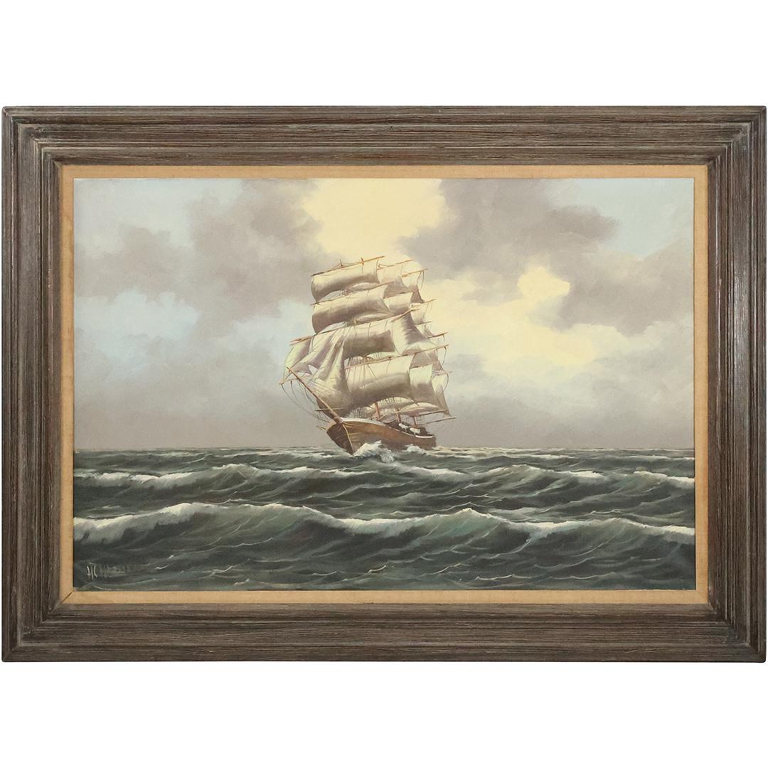 Signed H C HERMAN, Vintage Oil on Canvas Painting Full Sail Ship on Seas, Framed: Signed H C HERMAN, Vintage Oil on Canvas Painting Full Sail Ship on Seas, Framed. size: 24 x 36, 32 x 44 outside frame