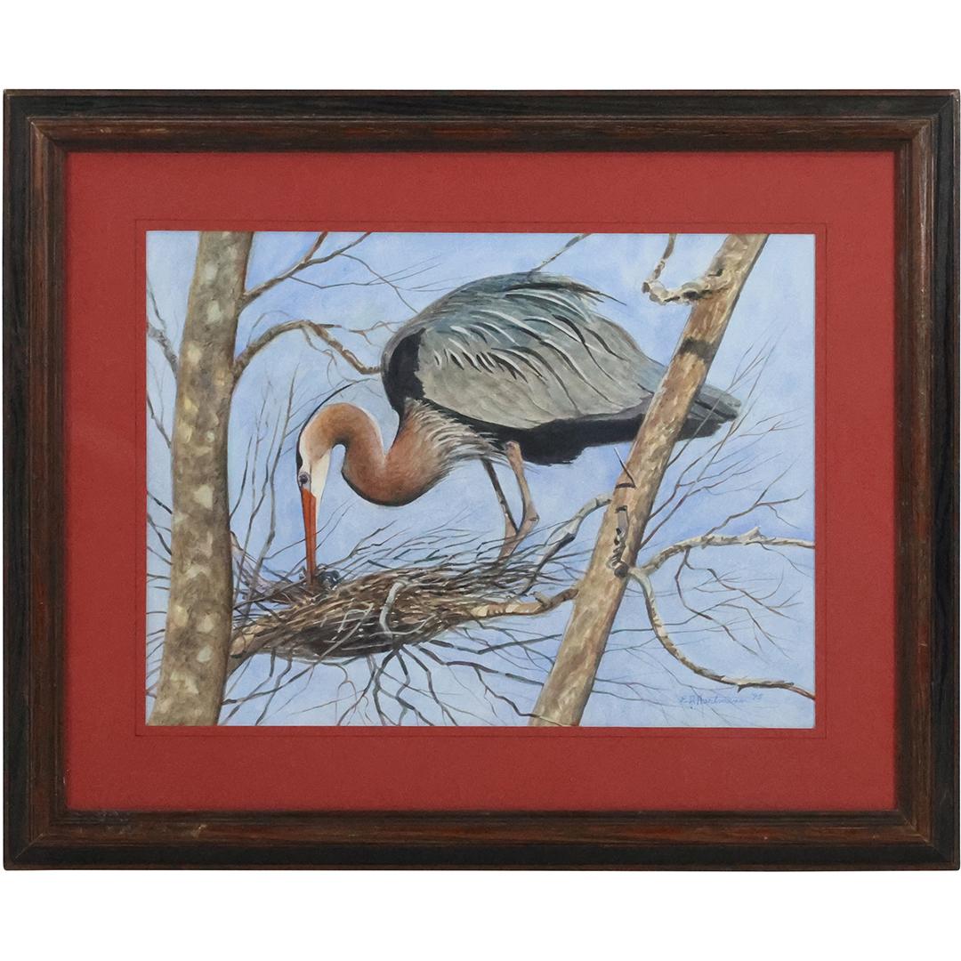 E J Hartmann, American, Watercolor Painting Great Blue Heron Building Nest, Framed (1 of 12)