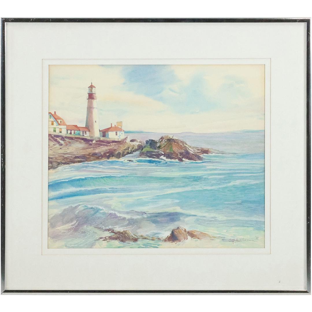 E J Hartmann, American , Watercolor Painting Portland Maine Lighthouse, Framed (1 of 14)