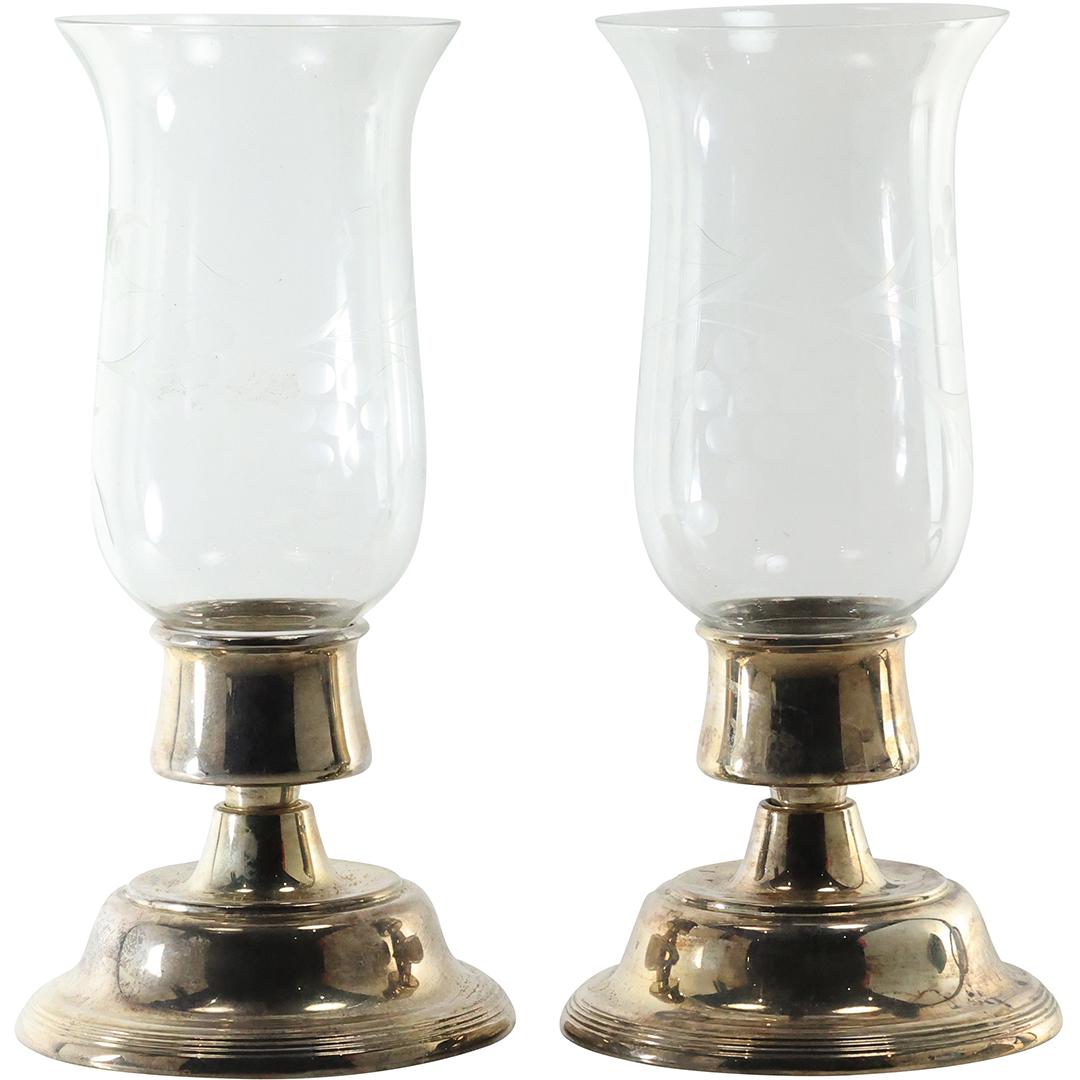 [2] Etched Crystal Glass Shades Hurricane Candle Lamps Silver Plate