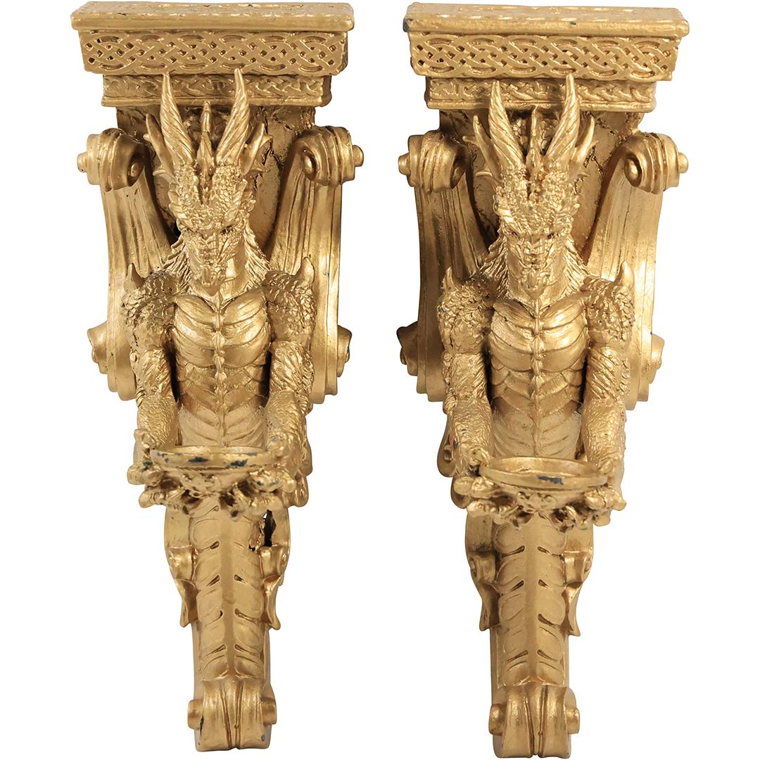 [2] Ornate Chinese Gargoyle Dragon Wall Brackets Gold Finish in Hard Composition: [2] Ornate Chinese Gargoyle Dragon Wall Brackets Gold Finish in Hard Composition. size: h 14 L 5