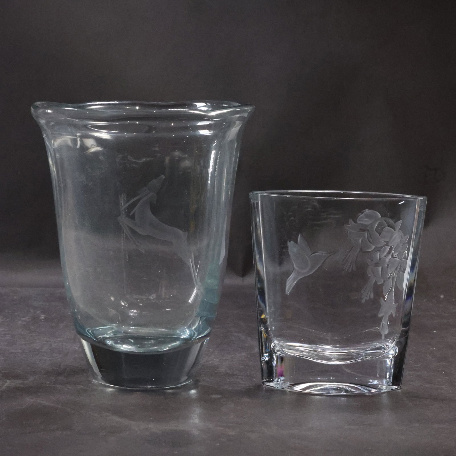 [2] ORREFORS Sweden Etched Glass Vases Hummingbird & Gazelle: [2] ORREFORS Sweden Etched Glass Vases Hummingbird & Gazelle. size: 5.5 x 5 x 2.5