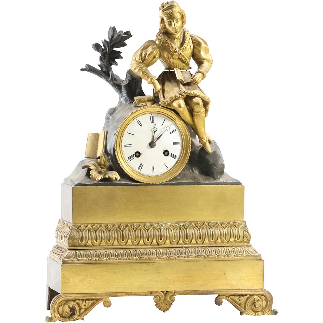 19th C. Bronze Figural Mantle Clock Young Classical Man Reading Book, Works marked CAF (1 of 14)