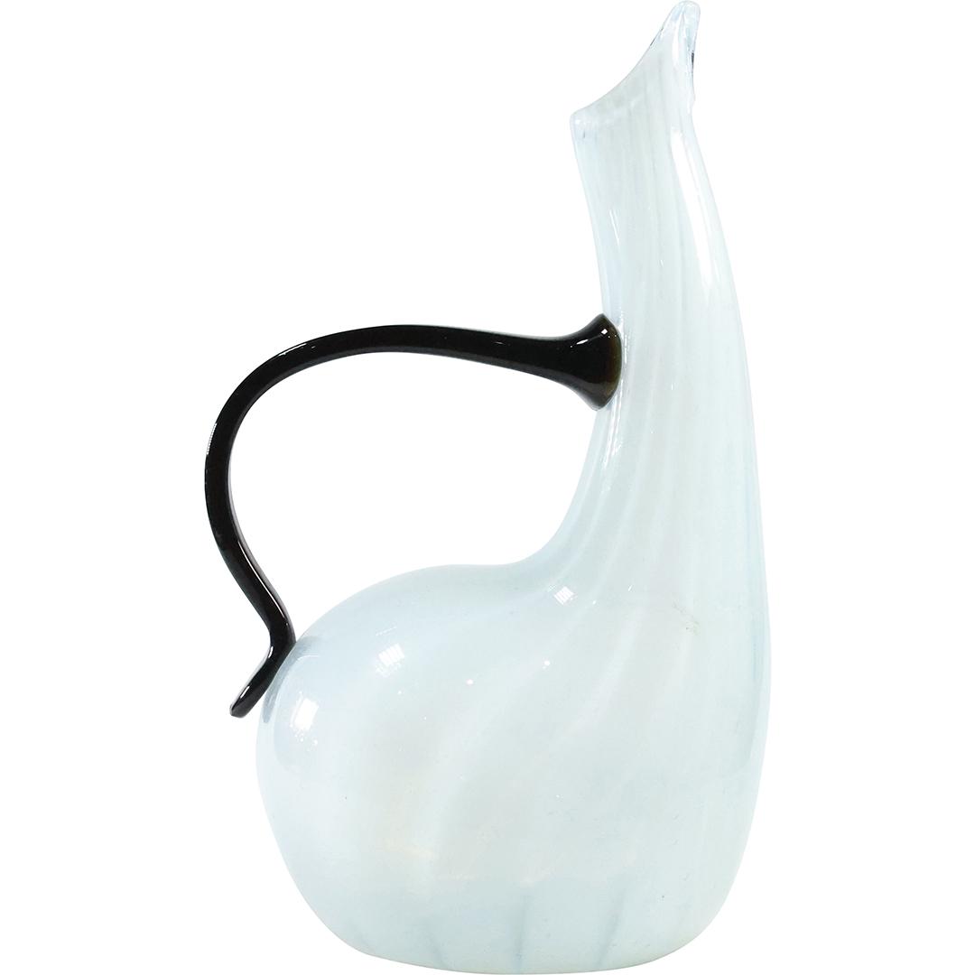 Unique Form Art Glass Pitcher White Lines with Applied Black Handle 12.75 inches height (1 of 10)