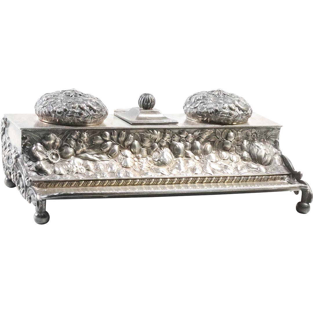 19th C. Victorian Silver Plate Desk Top Double Inkwell Repouse Flowers Pattern (1 of 9)