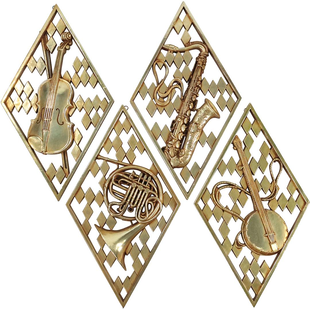 [4] Mid-Century Modern Sryroco Wood Gold Gilt Wall Plaques Musical Instruments: [4] Mid-Century Modern Sryroco Wood Gold Gilt Wall Plaques Musical Instruments. size: 17 x 10.5