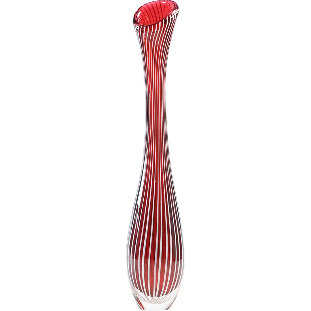Kosta Boda Sweden Red Art Glass Vase Flower Form with White Stripes, Original Label (1 of 8)