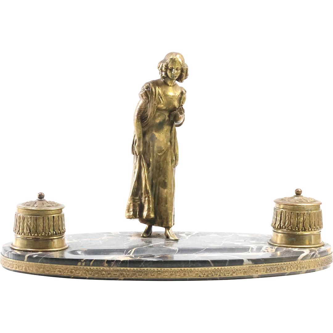 19th C. French Bronze Figural Woman Desk Top Double Inkwell, Black Marble Base (1 of 13)