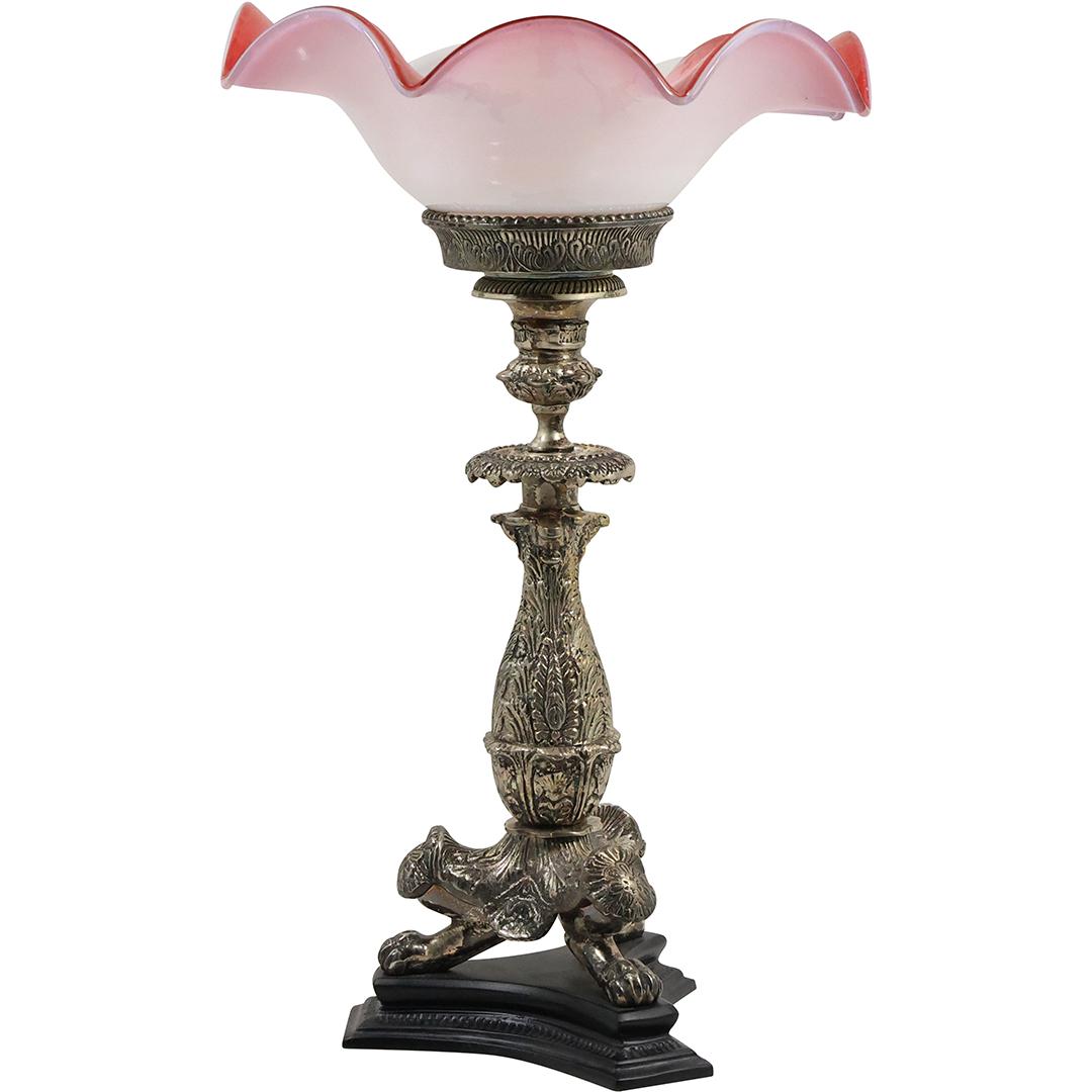Ornate Silver Plate Tall Center Piece Compote with Pink Cased Glass Top Bowl (1 of 20)