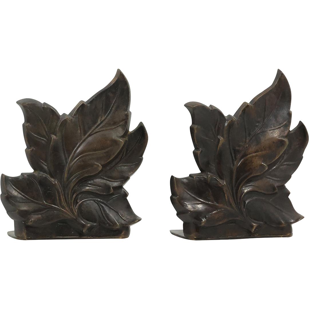 Vintage Cast Metal LEAF Bookends - Original Patina: Vintage Cast Metal LEAF Bookends - Original Patina. size: h 6.5 L 5