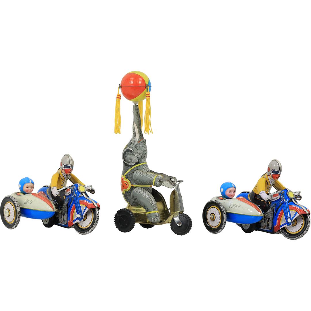 [3] Vintage Tin Lithograph Wind-up Toys: Motorcycle with Sidecar & Circus Elephant: [3] Vintage Tin Lithograph Wind-up Toys: Motorcycle with Sidecar & Circus Elephant. size: height ranges from 5 to 10.5