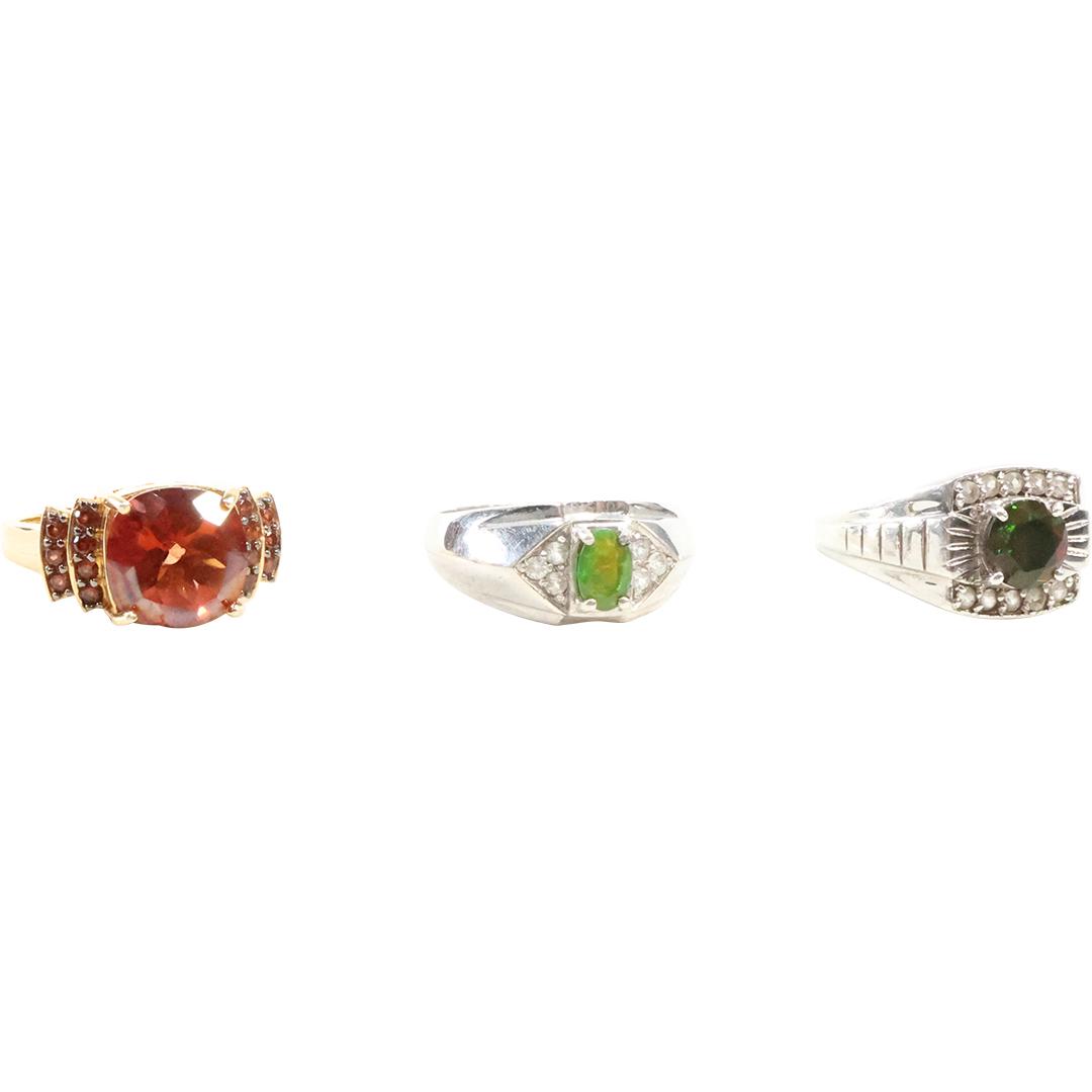 [3] Assorted Sterling Siver Rings: Emerald Opal & Clear Spinels Size 12; Sterling Gold Wash Garnet (1 of 14)