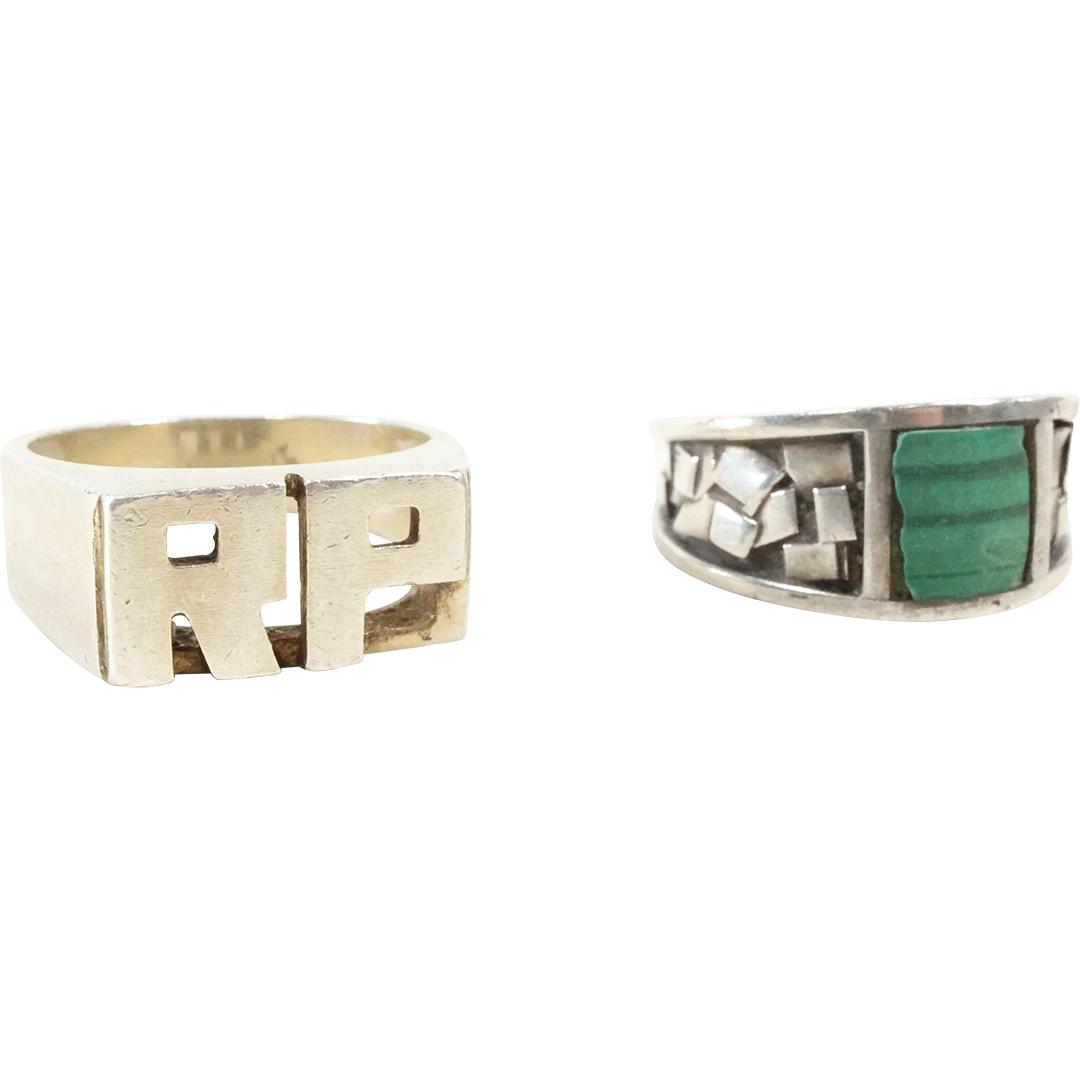 [2] Sterling Silver Malachite Ring Size 10 & Sterling Silver "RP" Ring Size 10 (1 of 9)