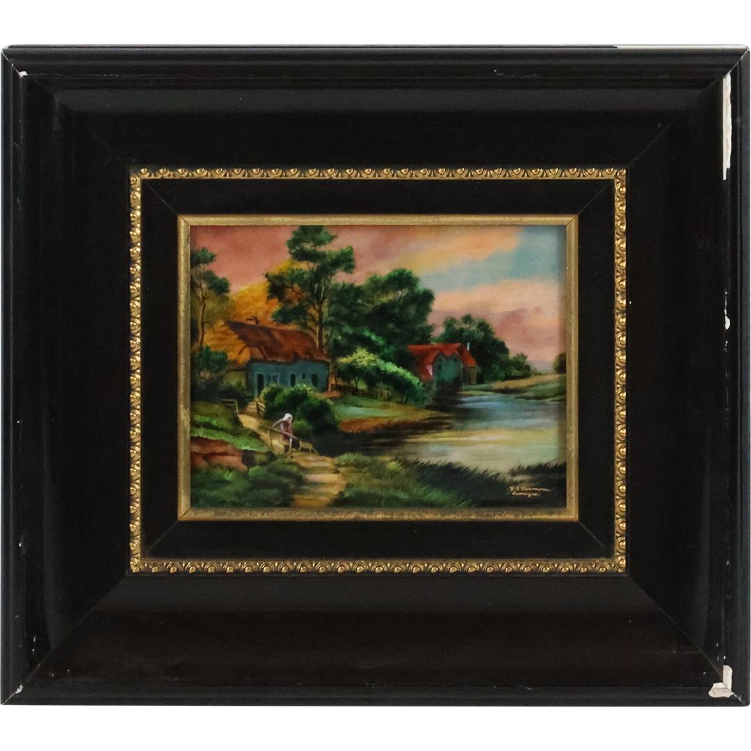 Signed F J Carmona, LIMOGES Fine Porcelain Hand Painted Landscape Plaque, Framed (1 of 8)