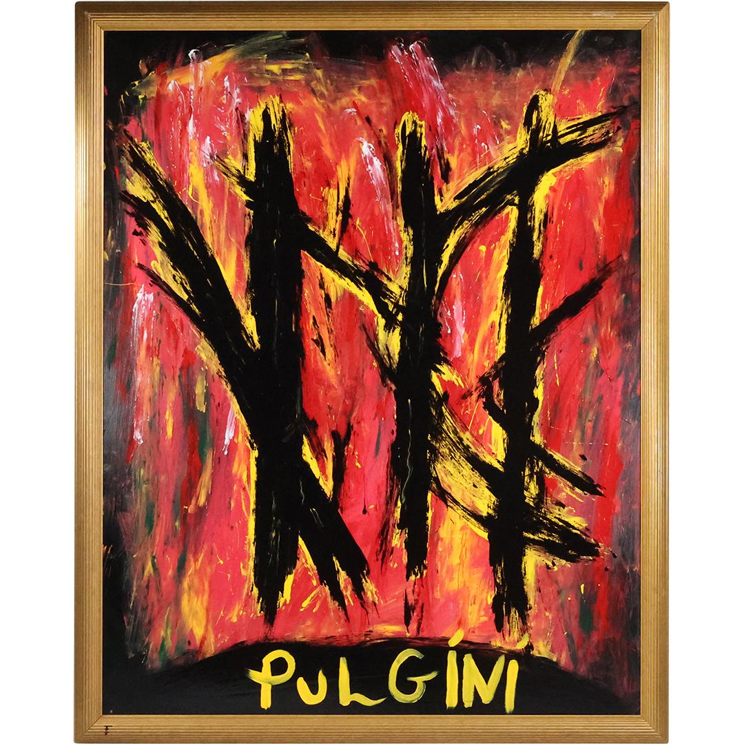 Thomas Pulgini, American, Oil on Board Painting ABSTRACT BLACK LINES ON FIREY RED: Thomas Pulgini, American, Oil on Board Painting ABSTRACT BLACK LINES ON FIREY RED. Bold Painting with Statement Signature. Framed. Large Size. Well Listed American Artist. size: 56 x 44, 60 x 48 outsi