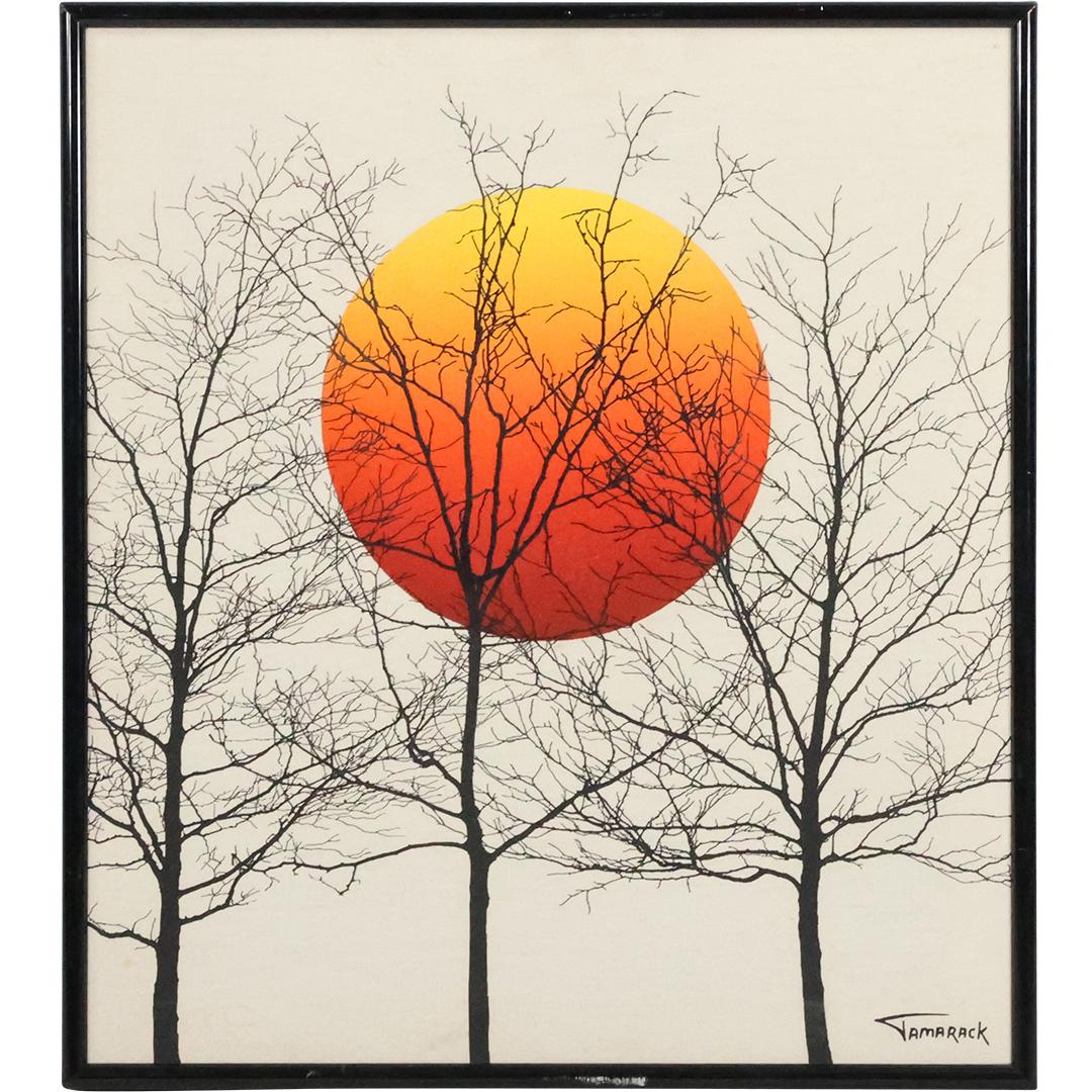 Signed Tamarack, Trees & Orange Red Yellow Moon Silk Screen on Fabric Art (1 of 14)