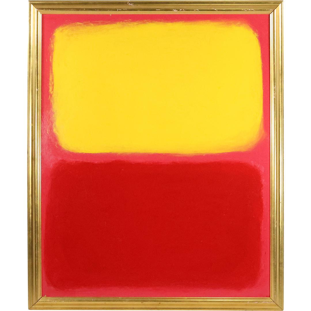 Thomas Pulgini, American, Oil on Board Painting Yellow Red Abstract after Rothko: Thomas Pulgini, American, Oil on Board Painting Yellow Red Abstract after Rothko. Signed, Framed. Well Listed American Artist. size: 43.75 x 35, 47.5 x 39 outside frame. ASKart: Thomas Pulgini, Born 1