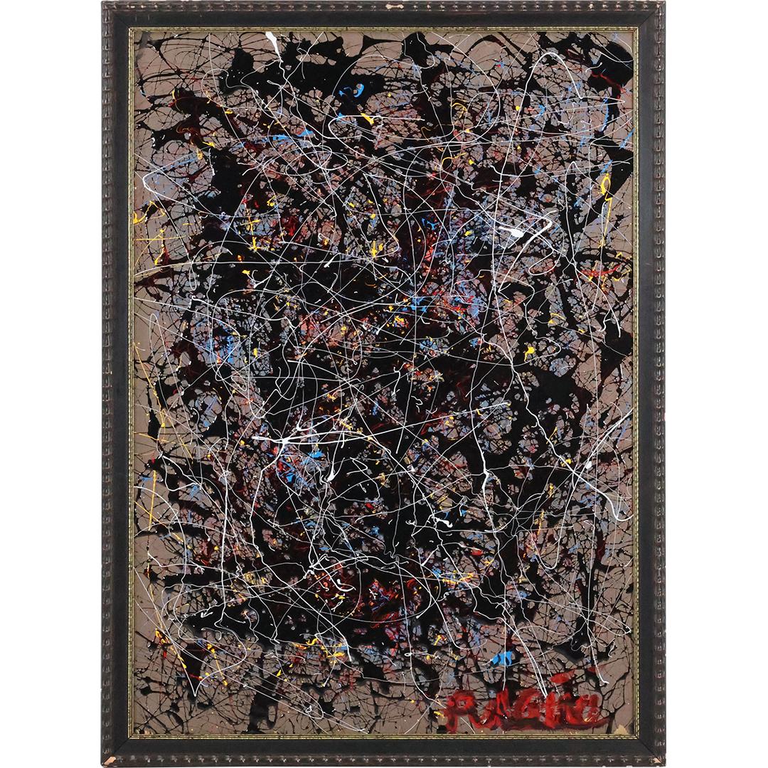 Thomas Pulgini, American, Oil on Board Painting ABSTRACT DRIP after Pollock: Thomas Pulgini, American, Oil on Board Painting ABSTRACT DRIP after Pollock. Signed, Framed. Well Listed American Artist. size: 30.5 x 22, 33 x 24 outside frame. ASKart: Thomas Pulgini, Born 1965 in W