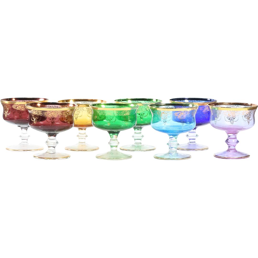 [8] Italian Multi Color Cocktail Glasses with Gold Decoration: [8] Italian Multi Color Cocktail Glasses with Gold Decoration. size: 4 x 4